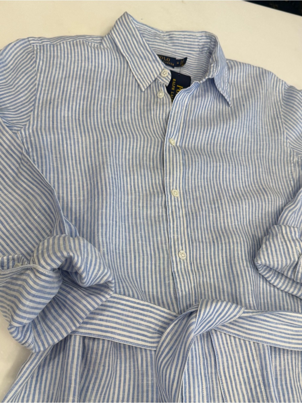 Polo Ralph Lauren Blue/white Linen Shirt Dress Fit /Flare Long Sleeves Sz 14 NWT - Picture 11 of 13
